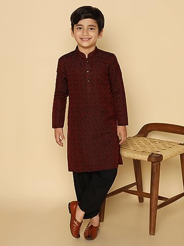 Image of KISAH Kid's Full Sleeves Silk Blend Knee Length Woven Design Maroon Kurta Patiala Set (3-4Y)