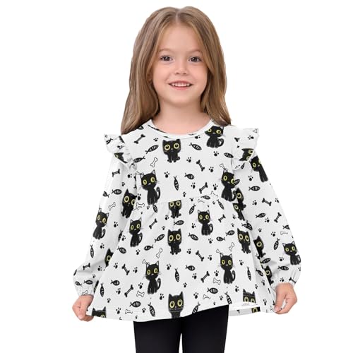 Black Cat Footprint with Fishes Girls Shirts Cotton Long Sleeve Ruffle Toddler Tee Tops3