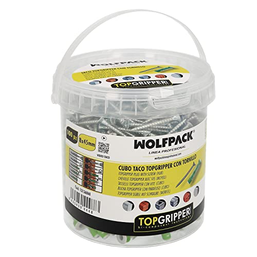 WOLFPACK LINEA PROFESIONAL Cubo Tacos Topgripper Bimaterial Con Tornillos Ø 8 mm. 100 Piezas Taco Anclaje Universal, Taco Hormigon, Taco Pladur