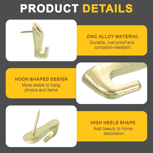 Image of uxcell 10 Pcs Push Pin Picture Hooks, Zinc Alloy Picture Hanging Nails Thumb Tacks Hanging Hooks with Nails for Wall Wooden Board, Gold