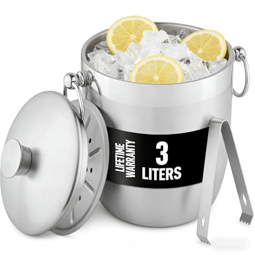3 Liter Double-Wall Insulated Ice Bucket for Cocktail Bar - Ice Buckets for Parties Outdoor & Indoor - Stainless Steel Ice Bucket with Lid Strainer & Tongs Included