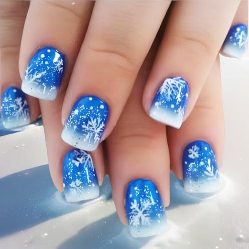 Christmas Snowflake Press on Nails Blue Gradient Fake Nails 24Pcs Glossy Silver Glitter Snowing Acrylic False Nails Short Square Xmas Snowflake Gel Glue on Nails Ombre Stick on Nail for New Year Gift