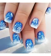 Christmas Snowflake Press on Nails Blue Gradient Fake Nails 24Pcs Glossy Silver Glitter Snowing A...