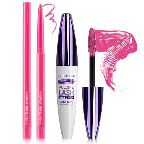 ROSAWEE Pink Mascara and Eyeliner Set 5D Colored Waterproof Mascara for Eyelashes Volume and Length Smudge-Proof No Clumps or Flaking Natural Lengthening Curling Mascara for Women