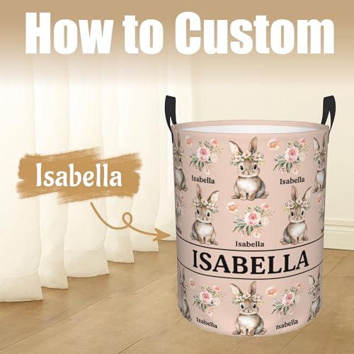 Image of Custom Name Laundry Hamper, Personalized Rabbit Laundry Basket with Name for Boys Girls Kids Men Women, Customized Name Dirty Clothes Basket Gifts for Clothes Toy Bathroom Bedroom Laundry Room Dorm