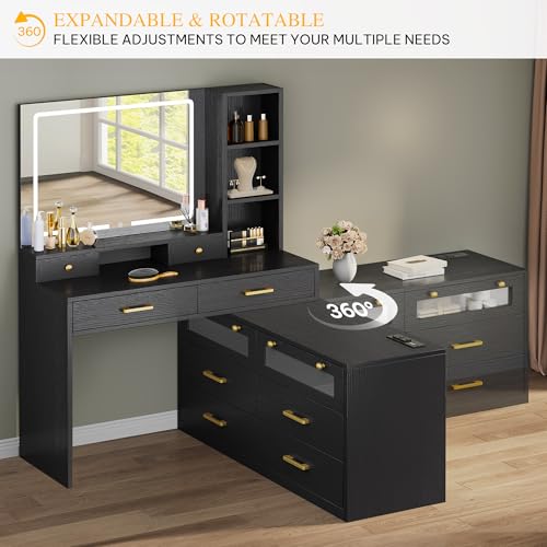Image of DWVO Large Vanity Desk with Mirror - RGB LED and Charging Station, Make up Vanity Mirror with 3 Lights Mode and Brightness Adjusted, Large Storage Space-10 Drawers, 3 Open Shelves, Black