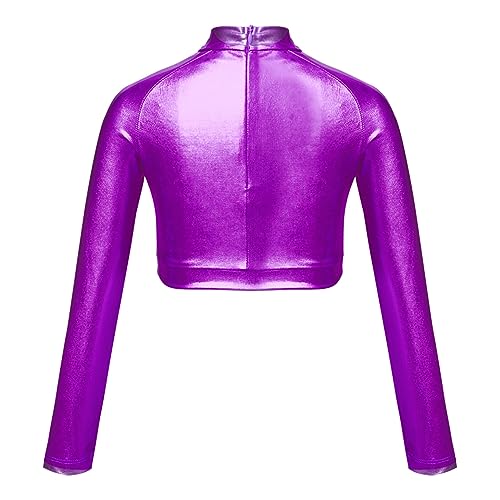JanJean Girls Metallic Long Sleeve Dance Crop Tops Kids Mock Neck Athletic Tops Hip Hop Jazz Gymnastics Ballet Dancewear Purple 14 Years