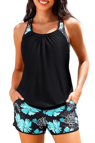 Women Blue Floral Tankini Swimsuits with Shorts - Two Piece Tummy Control Blouson Tankini with Two Pockets Bottom Bathing Suit XL