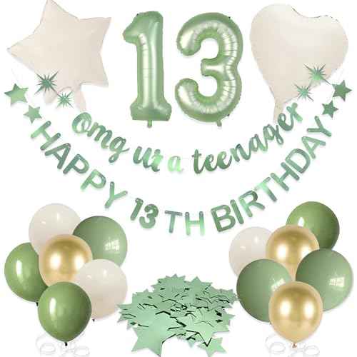 Sage Green Omg Ur A Teenager Happy 13th Birthday Banner Garland Foil Balloon 13 for 13 Birthday Decorations Official Teenager 13th Birthday Decor for Teen Girls 13 Years Old Birthday Party Supplies