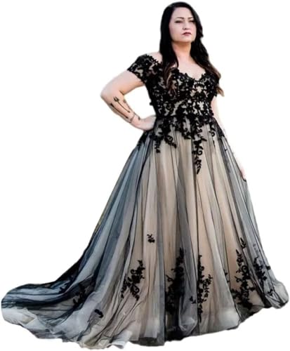 Ftupza Gothic Black Wedding Dresses for Bride V-Neck Lace Applique Off Shoulder Wedding Gown Tulle A-line Elegant Prom Gowns