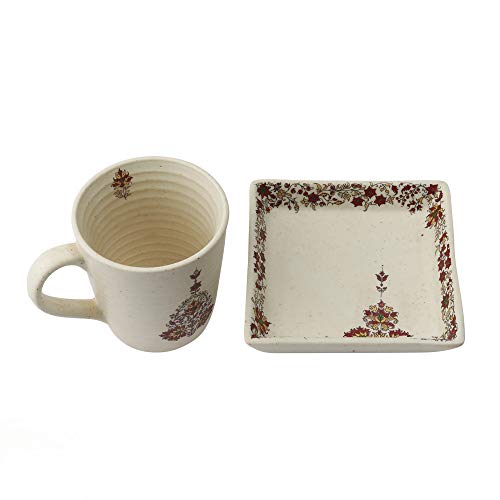 Image of Miah Decor Stoneware Coffee Mugs Set of 2 with 2 Matching Platters | Ceramic Coffee Mug Set | Tea Cups & Mugs | Food Safe, Microwave & Dishwasher Safe | Traditional Ethnic Printed Coffee Mug Gift Set