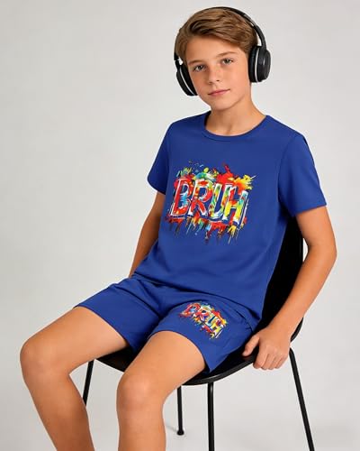 Image of Cakaner Tween Boys Summer Clothes 2 Piece Short Sleeve Graphic T-Shirt and Shorts Casual Outfit Set Size 7-14