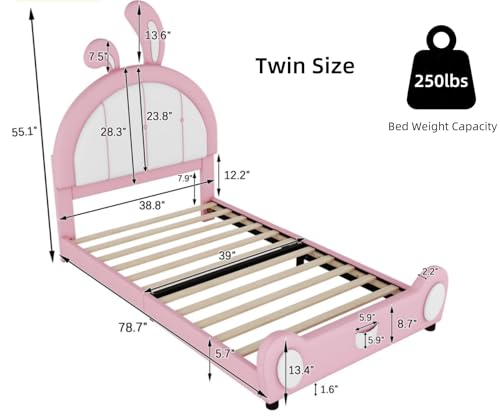 Merax-Twin-PU-Ribbit-Shaped-Bed-Frames-for-Girls-Kids-Solid-Pinewood-Platform-with-Upholstered-Headboard-Pink Merax Twin PU Ribbit Shaped Bed Frames for Girls Kids Solid Pinewood Platform with Upholstered Headboard Pink