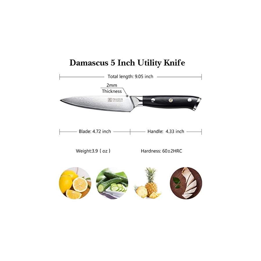PAUDIN-5-Damascus-Utility-Knife--67-Layer-Forged-Blade-Ultra-Sharp-Stainless-Steel-Kitchen-Knife-with-Full-Tang-G10-handle-Ideal-for-Cutting-Fruits-and-Vegetables PAUDIN Utility Knife, 5'' Paring Knife, Damascus Kitchen Knife, 67-Layer Forged Blade Ultra Sharp Edge, Stainless Steel Knife, Full Tang G10 Handle with Triple Rivets, for Cutting Fruit and Vegetables