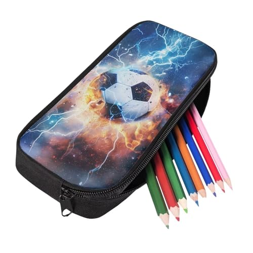 Image of Fire Lightning Football Pencil Holder Cool Pen Pouches Stationery Organizer Trendy Stuff Blue