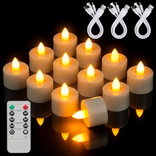 ropelux 12 Wiederaufladbare Teelichter mit Fernbedienung & Timer Flackernde LED-Teelichtkerzen mit Ladestation für Weihnachten Hochzeiten Partys Feste [Energieklasse A]