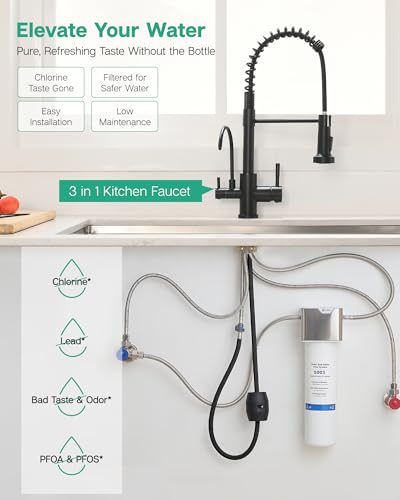 Image of GIMILI 3 in 1 Kitchen Faucet with Pull Down Sprayer Matte Black Two Handle Kitchen Sink Faucet with Under Sink Water Filter System Reduces PFAS, PFOA /PFOS, Lead, Chlorine, Bad Taste & Odor