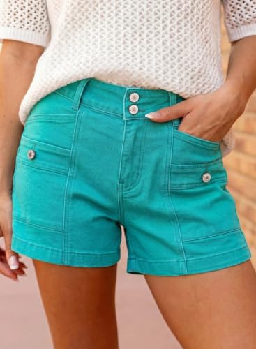 Astylish Shorts for Women Trendy Double Button High Waisted Loose Beach Denim Pants Stretchy Baggy with Summer 2026 Patch Pockets Sea Green Size 16 — view 2