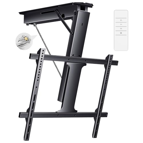Image of Electric Ceiling TV Mount, Remote Adjustable Flip Down Bracket for 32 to 70 Inch Flat Curved Screen TVs Max VESA 600x400mm, Motorized TV Ceiling Mount for Flat Pitched Roof Indoor Outdoor