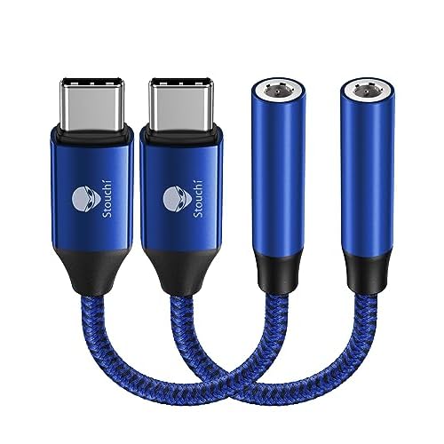 Stouchi USB C to 3.5mm Dongle Adapter, Type C Headphone Audio Jack Cable Cord Hi-Fi DAC Chip for iPhone 17/16 /15, Pixel 9/8 /7/6, iPad, Samsung Galaxy S25 S24 S23 Ultra (2, Blue, 0.38ft*2)