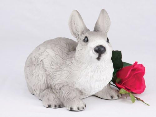Rabbit, Gray and White Cremation Pet Urn for Secure Installation of Your Beloved pet's Ashes Indoors or Outdoors. Rose NOT Included