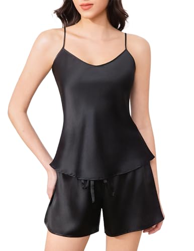 THXSILK Silk Women's Pajama 2-Piece Set, 6A+ Top Grade 100% Pure Mulberry Silk Nightgown Soft Luxury V Neck Cami Shorts Sets Sleepwear (Large Size, Black)