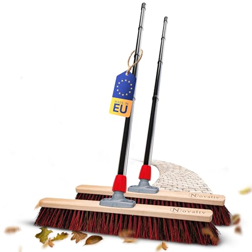 Novaliv 2 escobas de calle de 60 cm con mango exterior, cerdas de arenga-elaston, ideal como escoba exterior, cepillo de jardín, cerdas duras con mango, escoba de establo, escoba industrial, para