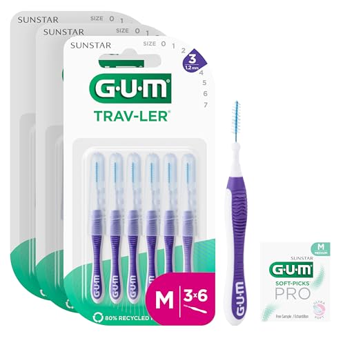 GUM TRAV-LER Interdentalbürsten | für gründliche Reinigung zwischen den Zähnen | flexibler Griff | Zahnreinigung und Plaque Entfernung | 1.2mm, ISO 3 | Größe M | 3x6 Packung (mit einer Bonus-Probe)