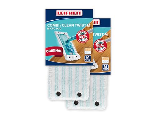 Leifheit Lot de 2 Housses Clean Twist ou Combi M Micro Duo, Housse de Rechange en Microfibres pour Balai à Plat Combi, Housse absorbante pour Balai serpillère