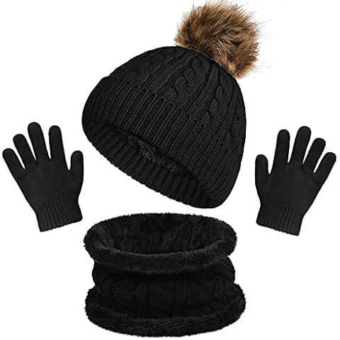 Nadeer 3 Pieces Hat Gloves And Scarf Sets For kids Winter Pom Pom Hat Scarf Gloves Set For Girls Boys Warm Knitted Beanie Hats Snood Scarf and Gloves For Children (Black,One Size) Cover