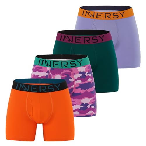 INNERSY Mens Boxers Cotton Underpants with Fly Opening Sports Underwear Trunks Multipack 4 (XXL, Green/Purple/Pink Camo/Orange)
