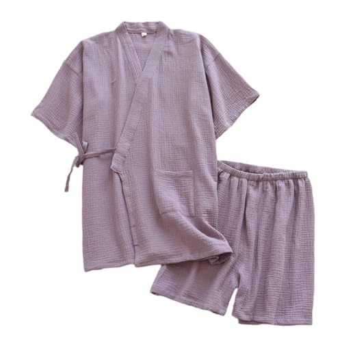 SAWEEZ Soft 2 Piece Short Pjs Sets, Womens Japanese Style Kimono Pajamas Suit Cotton Hanfu Pajama Suit Couples Pajamas Kimono Robe Nightgown Dressing Gown,Women Purple,L