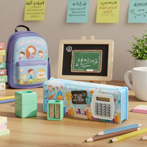 Image of Henoyso Multifunctional Pencil Box for Boys, Blue Inspirational Pencil Case with Calculator and Sharpener, 2026 Back to School Supplies Organizer for Kids Teens Students, Elementary Gift