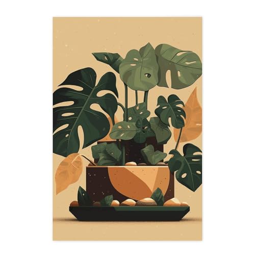 Poster mural vintage Monstera gris adhésif deco murale sans bulles pour masquer imperfections