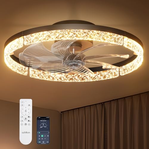 Image of addlon Ceiling Fans with Lights and Remote, 20'' Low Profile Flush Mount Ceiling Fan, 3000-6000K Dimmable LED Fandelier, Bladeless Crystal Fan Light for Bedroom, Kitchen, Living Room, Black