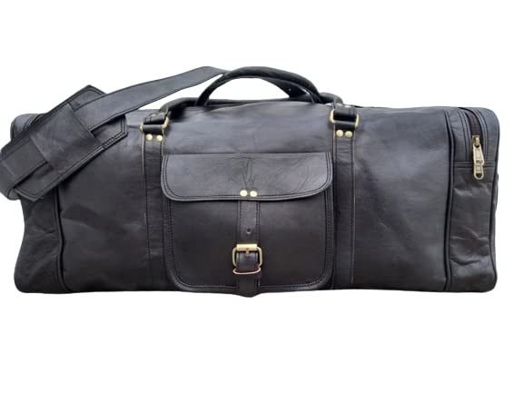 24'' Large BLACK Duffle Men Genuine Leather Travel Luggage Gym Weekend Overnight Bag (32 inches)