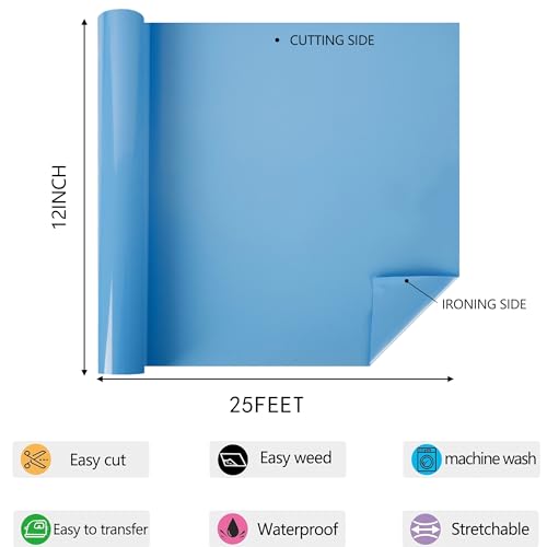 Image of HTV Iron on Vinyl 12Inch by 25ft Roll HTV Heat Transfer Vinyl for T-Shirt HTV Vinyl Rolls for All Cutter Machine - Easy to Cut & Weed for Heat Vinyl Design (Sky Blue, 25ft)