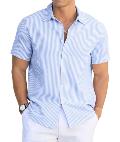 Sailwind Men's Casual Button Down Shirts Short Sleeve Striped Cotton Beach Summer Vacation Shirt
