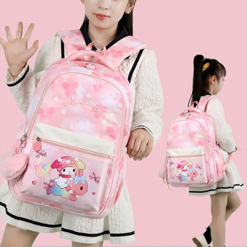 24L Cartoon Backpack for women Cute Bunny Large Travel Backpack Splash-proof Nylon Daypack with Fuzzy Heart shaped Keychain Pink2