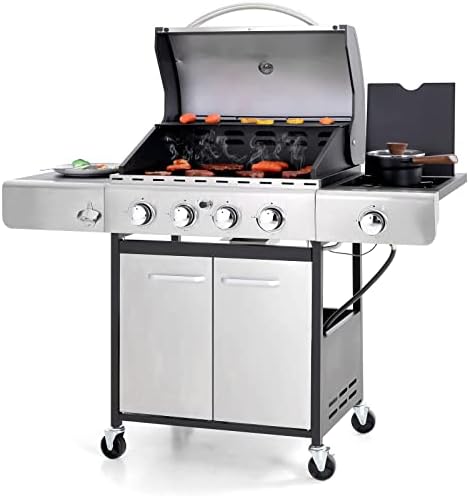Sophia & William 4-Burner Propane Gas Grill with Side Burner and Porcelain-Enameled Cast Iron Grates 42,000BTU Outdoor Cooking Stainless Steel BBQ Grills Cabinet Style Patio Garden Barbecue Grill, Silver