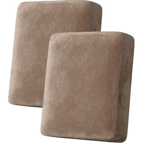 H.VERSAILTEX Velvet Stretch Couch Cushion Cover Plush Cushion Slipcover for Chair Loveseat Sofa Cushion Furniture Protector Seat Cushion Sofa Cover (2 Piece Medium Sofa Cushion Covers, Camel)