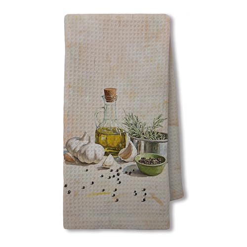 JLLBF Vintage Neutral Cooking Kitchen Hand Towels 16x24 Inch, Cooking Lovers Gifts, Farmhouse Garlic and Olive Oil Decorative Hand Towels for Kitchen Dining Room