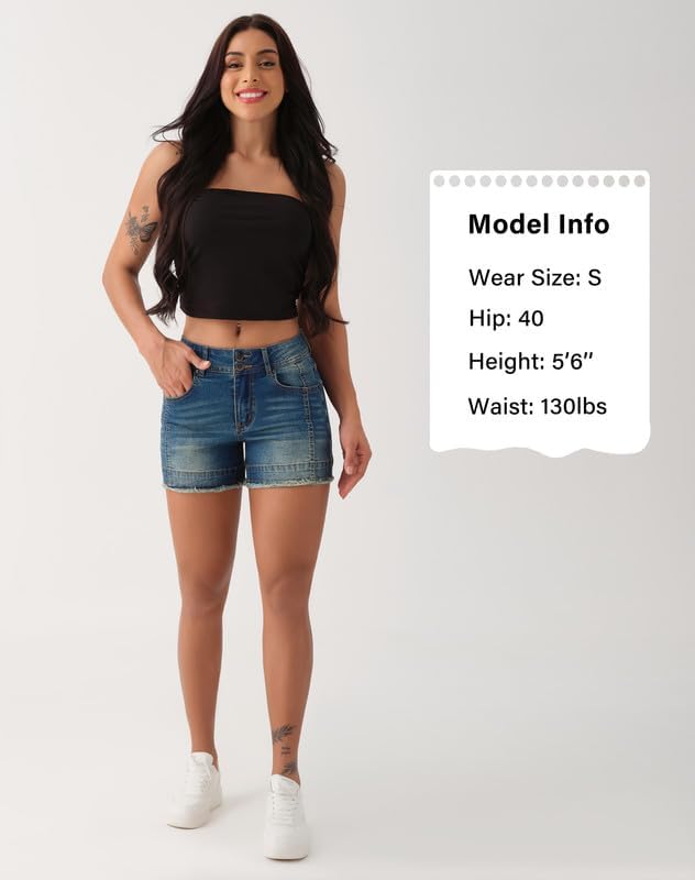 roswear Women's High Waisted Stretchy Frayed Hem Summer Denim Jean Shorts - Image 3