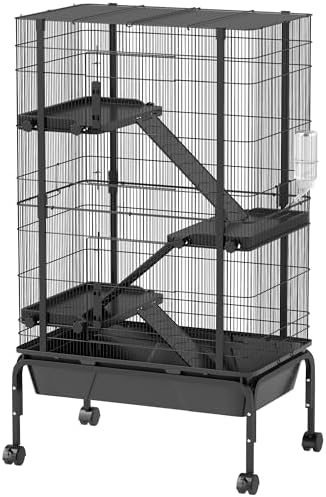 PawHut Cage for Small Animals 4 Levels Rodent Cage with Wheels Ramps Bowl Water Bottle and Removable Tray Enclosure for Rabbits Chinchillas Ferrets Guinea Pig 69 x 44 x 120 cm Black