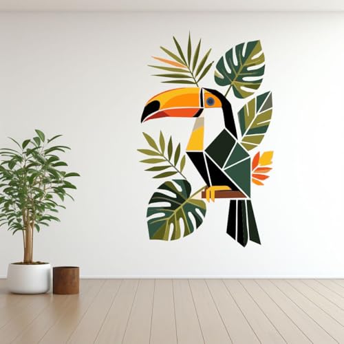 Geometric Toucan Wall Art, 40 x 60 cm Modern Tropical Bird Illustration with Colorful Jungle Leaf Artwork for Living Room, Bedroom & Office Décor