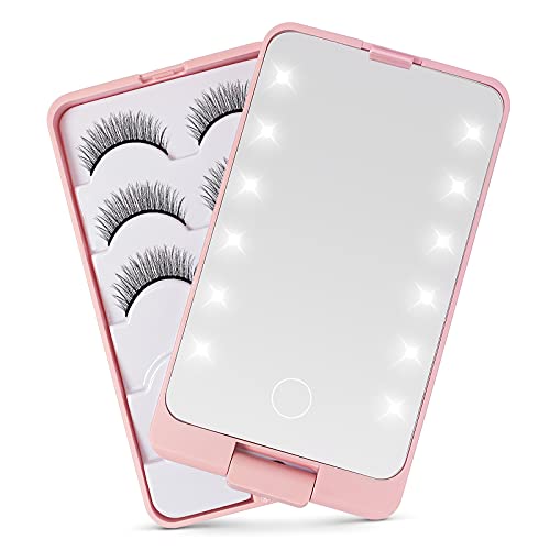 MISMXC Eyelash Storage Case with LED, False Eyelash Holder Case with Makeup Mirror Empty Eyelash Container for Women Girls (Pink)