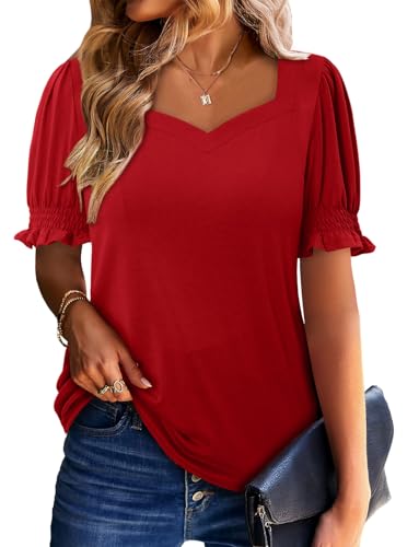 CRAZY GRID Womens Summer Tops Puff Short Sleeve Shirts Dressy Casual Blouses Trendy Loose Tunic Ladies Spring TshirtsRed L — view 5