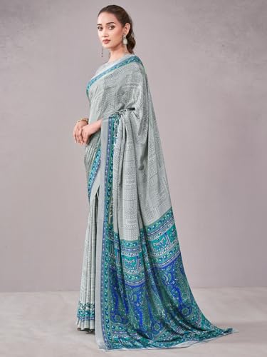 Image of Satrani Women's Crepe Printed Saree with Unstitched Blouse Piece