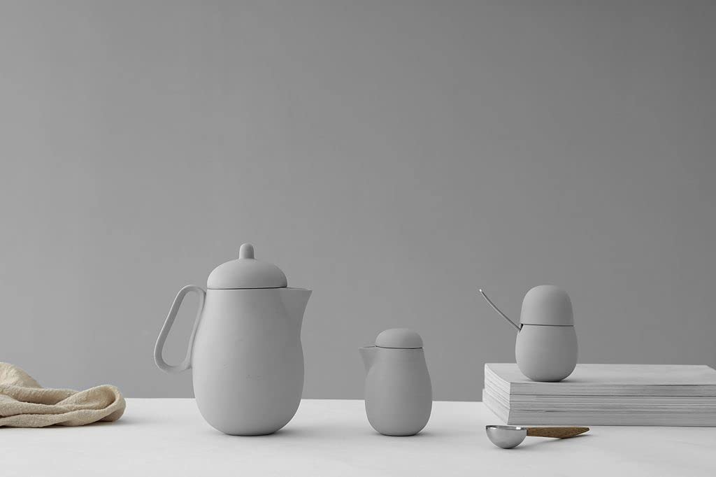Viva Scandinavia Tee-Set Porzellan 3-teilig bestehend aus Designer Teekannne, Milchkännchen und Zuckerdose mit Löffel aus Edelstahl, Matt Sand Grau