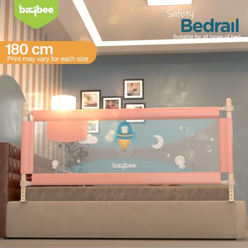 Image of BAYBEE Baby Bed Rail Guard (180x63cm), Bedrail for Baby Toddlers Safety, Portable Kids Bedrail Safeguard Fence with Adjustable Height | Foldable Single Side Bed Protector for Newborn Babies (Pink)